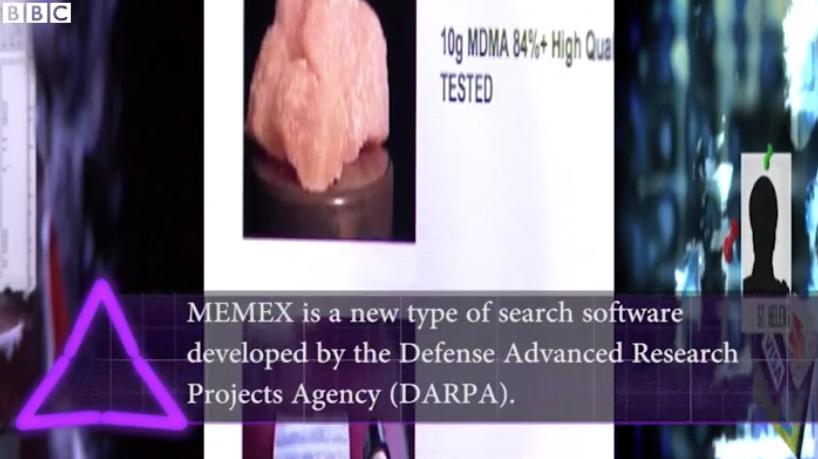 Still from a BBC video showing a dark web ad for MDMA with an overlay defining the DARPA Memex program