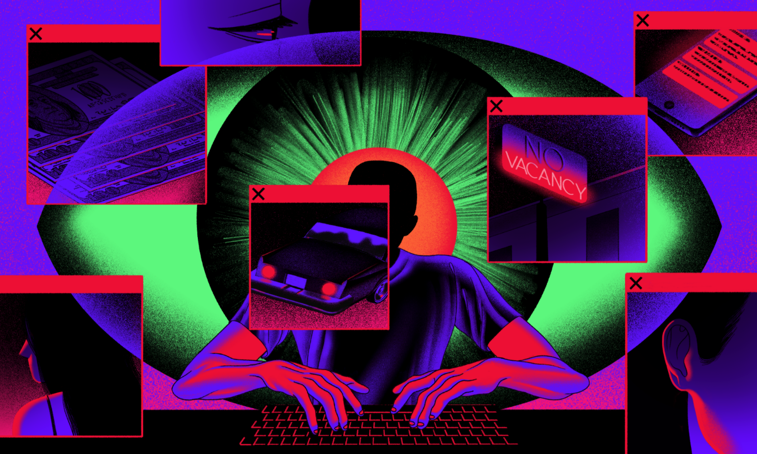 Stylized image of a person at a keyboard with many pop-up windows in front displaying sex trafficking indicators such as phone messages, money, motels, and trafficked individuals. Behind the person is a large green eye with an orange pupil.